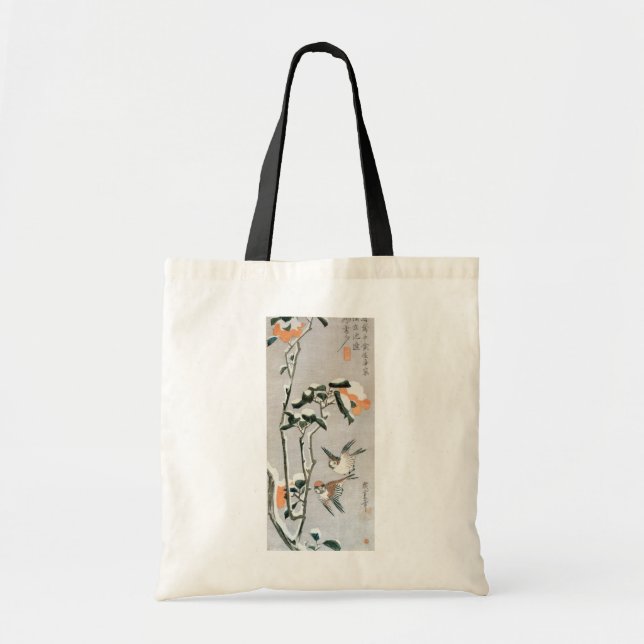 Sparrows und Kamelien in Snow von Ando Hiroshige Tragetasche (Vorne)