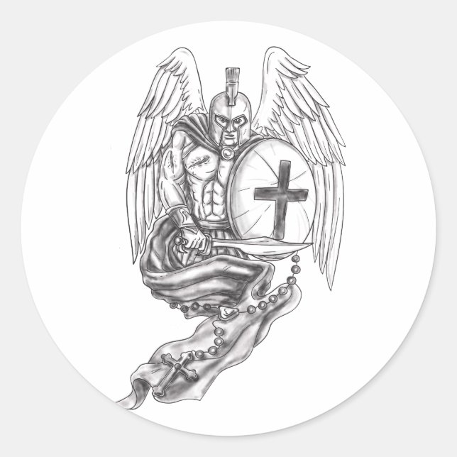 Spartan Warrior Angel Shield Rosary Tattoo Runder Aufkleber (Vorderseite)