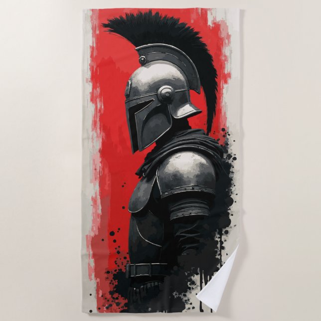 Spartan Warrior Helmet – Bold Red Background Strandtuch (Vorderseite)