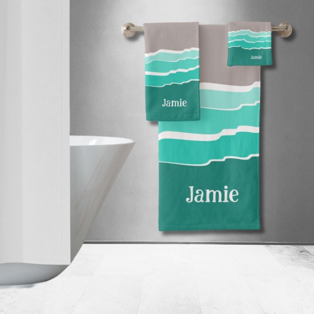 Spaß Abstrakt Sunset Beach Muschel & Name Badhandtuch Set (Fun Abstract Sunset Beach Shell & Name Bath Towel Set)