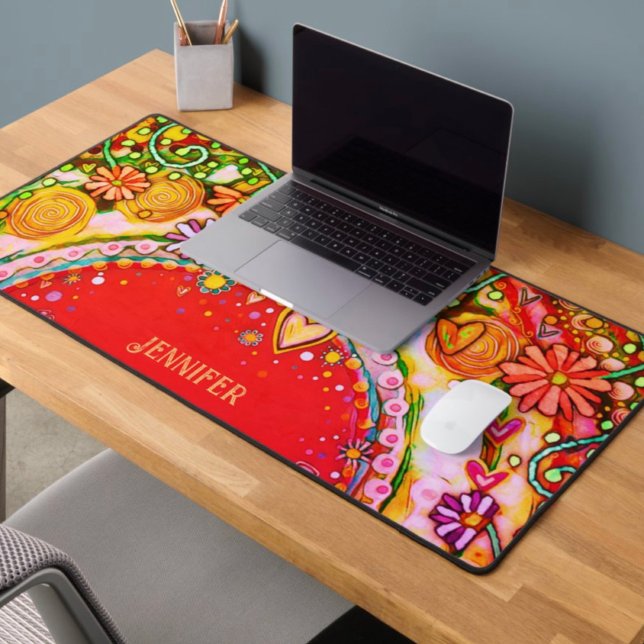 Spaß Abstraktes Blumenrotes Personalisiertes Zitat Schreibtischunterlage (Fun, floral, abstract, desk mat by Inspirivity. )