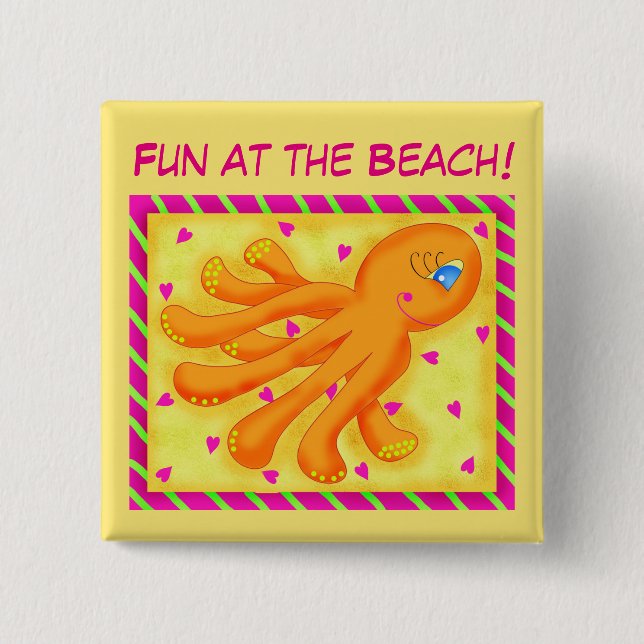 Spaß am Strand Whimsy Octopus Yellow Orange Button (Vorderseite)