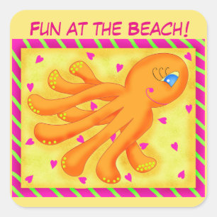 Spaß am Strand Whimsy Octopus Yellow Orange Quadratischer Aufkleber