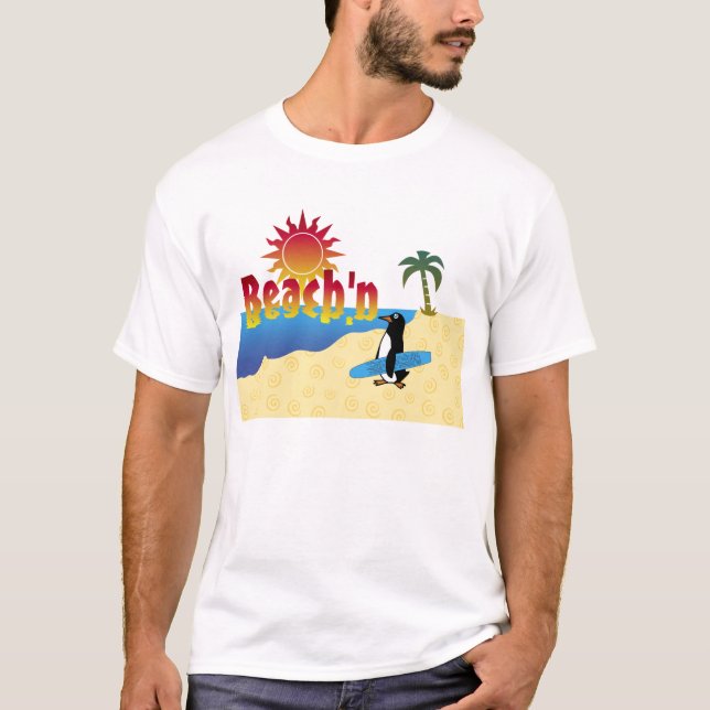 Spaß Beach'n Pinguin-Surfbrett T-Shirt (Vorderseite)