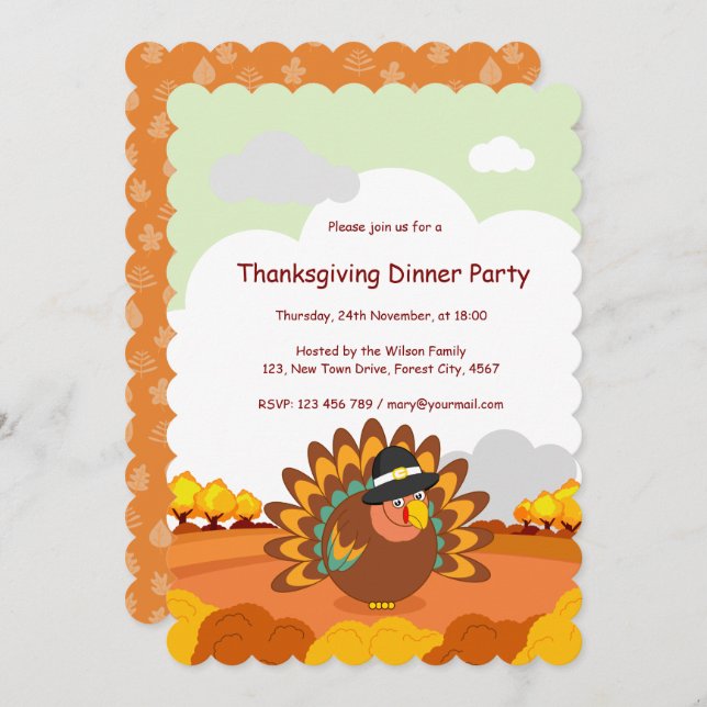 Spaß beim Cartoon eines Pilgrim-Erntedank-Truthahn Einladung (Vorne/Hinten)