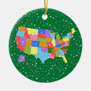 Spaß-bunte Pastellschneeflocken und Karte der USA Keramik Ornament