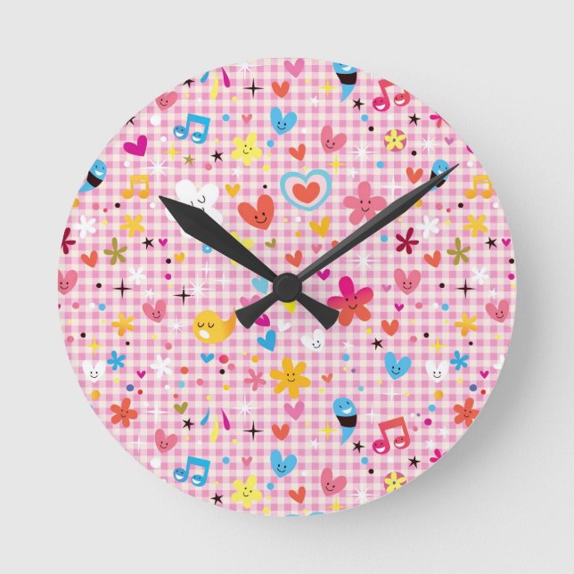 Spaß-Cartoon-Musterrosa Runde Wanduhr (Vorderseite)