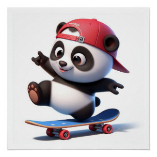 Spaß Cartoon Panda auf Skateboard Poster
