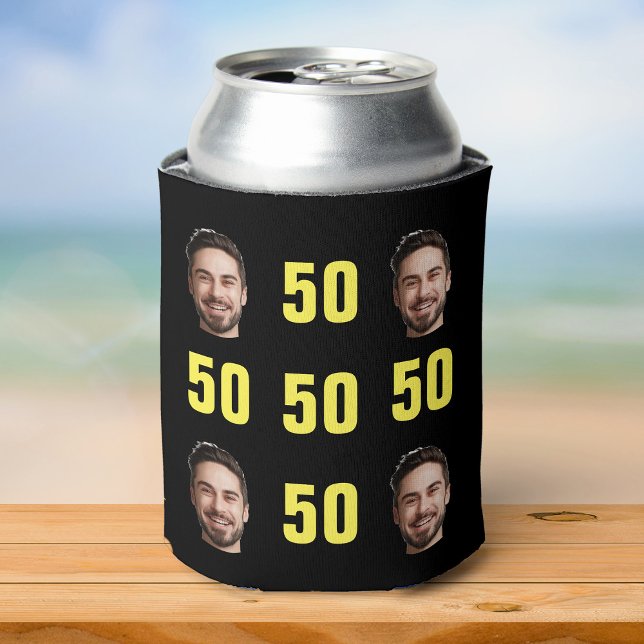 Spaß Einzigartig 50. Geburtstag Foto Cool Retro Dosenkühler (Silver soda can in a black can cooler decorated with repeating yellow "50" text and photo)