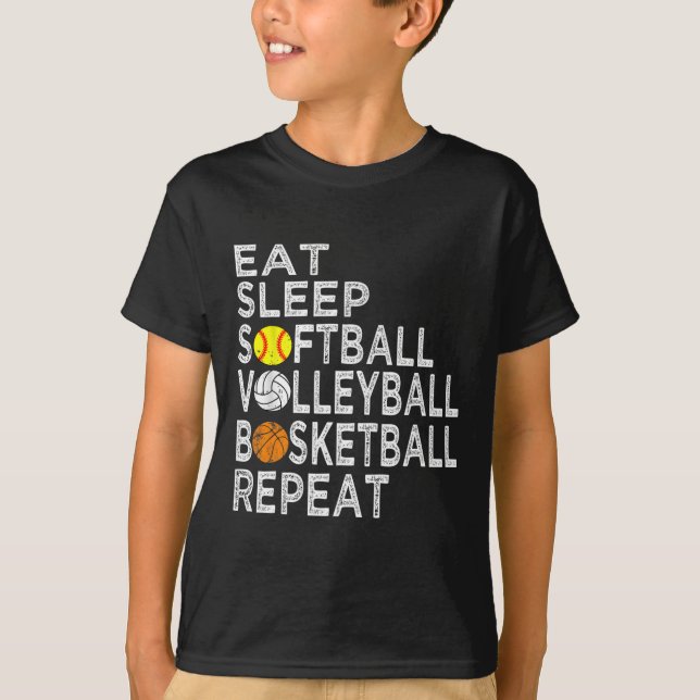 Spaß essen Schlafen Softball Volleyball Basketball T-Shirt (Vorderseite)