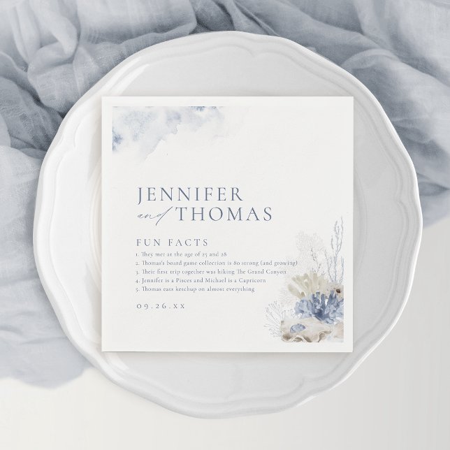 Spaß Fakten blaue Korallen & Muscheln Strand Hochz Serviette (Fun facts blue coral & seashells beach Wedding Napkins)