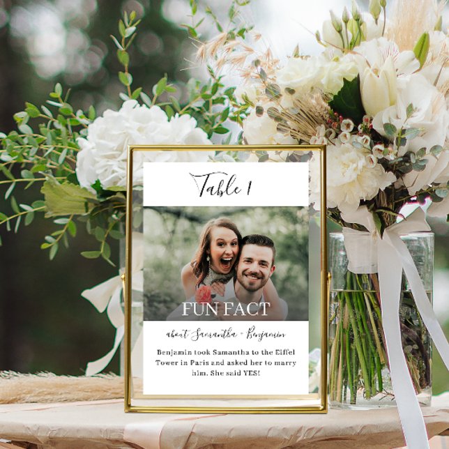 Spaß Fakten Foto Hochzeit Rezeption Tischnummern (Wedding table numbers with fun facts about the bride and groom)