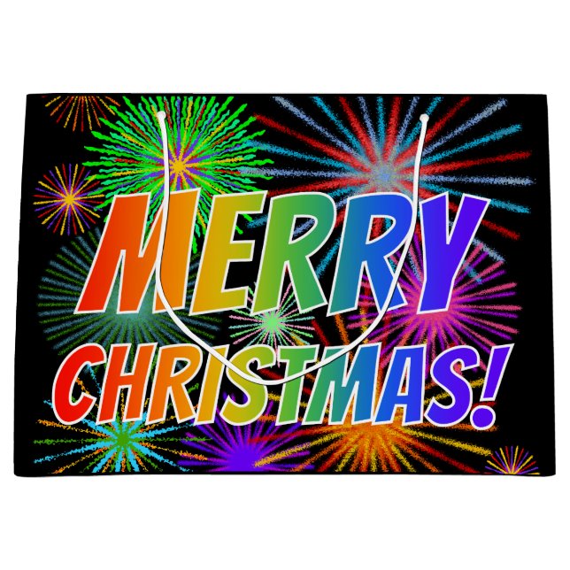 Spaß, farbenfroh, Regenbogenspektrum "MERRY CHRIST Große Geschenktüte (Vorderseite)