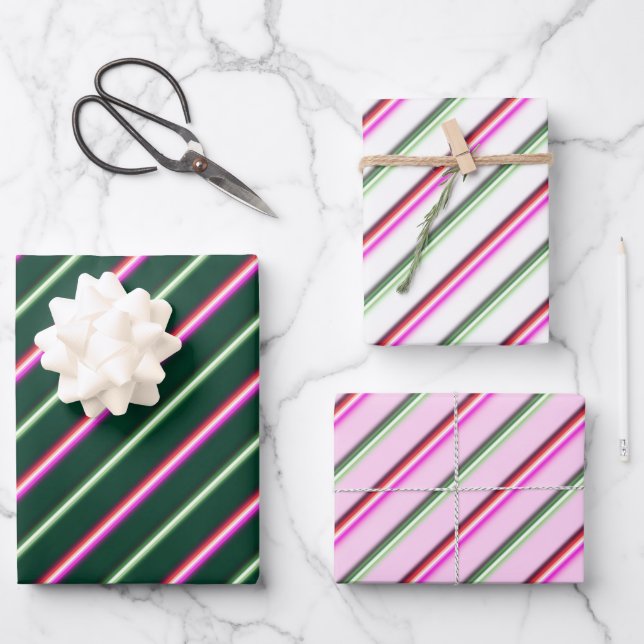 Spaß farbenfroh rosa und grüne Neon Stripe Candy C Geschenkpapier Set (Vorderseite)