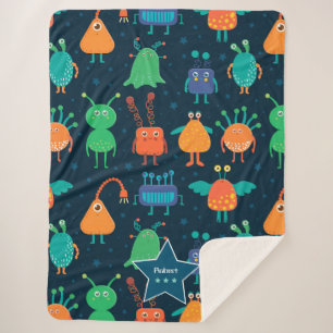Spaß Farbenfrohe Alien Muster für Kinder auf blau Sherpadecke