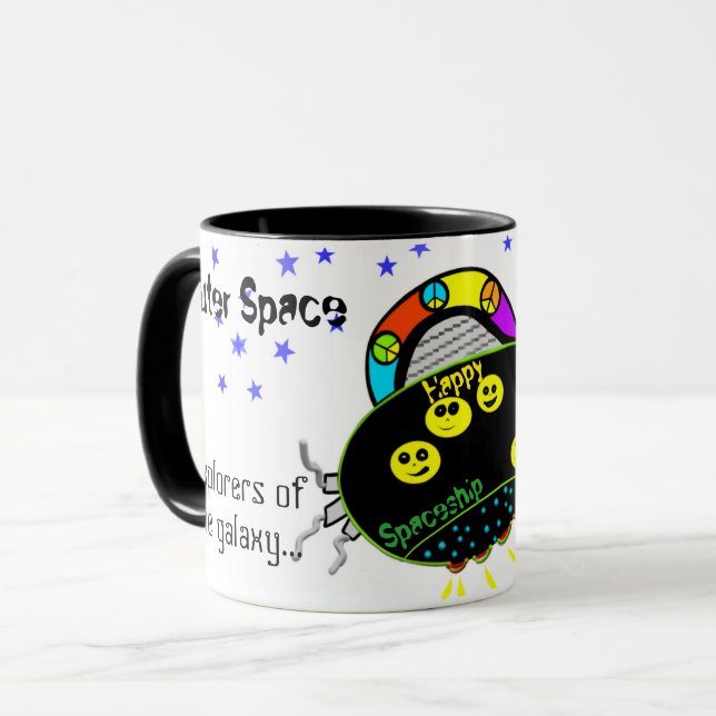Spaß farbenfrohe friedliche Happy Spaceship Tasse (Vorderseite Links)