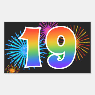 Spaß Feuerwerk + Regenbogenmuster "19" Ereignisnum Rechteckiger Aufkleber