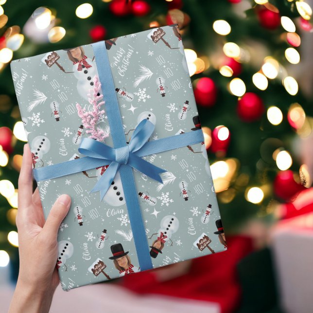 Spaß frohe Weihnachts-Illustration Foto Schneemann Geschenkpapier (Fun merry Christmas illustration photo snowman Wrapping Paper on ice blue)