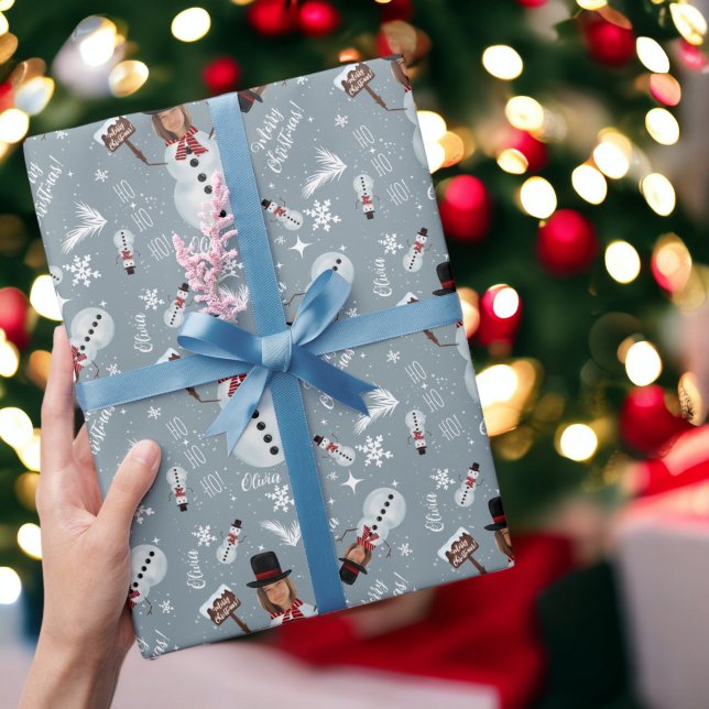 Spaß frohe Weihnachts-Illustration Foto Schneemann Geschenkpapier (Fun merry Christmas illustration photo snowman Wrapping Paper on blue)