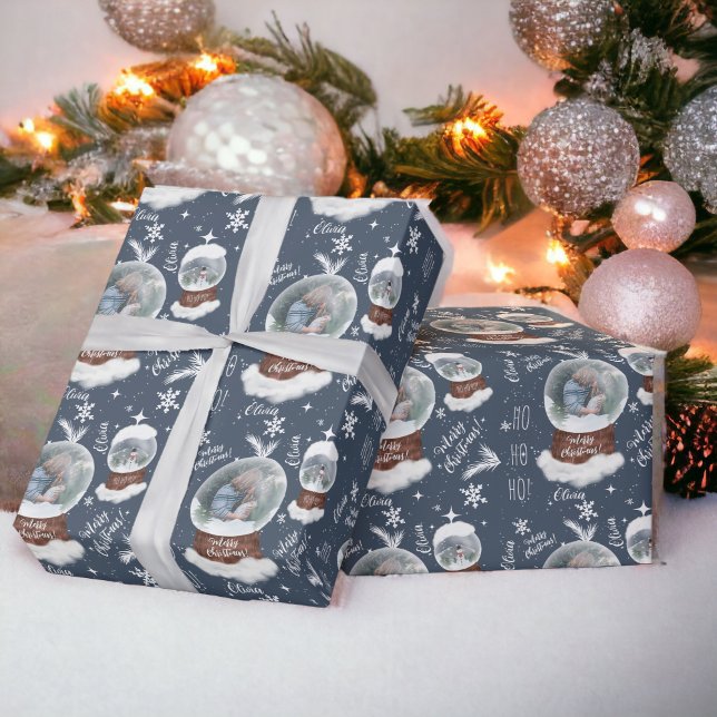 Spaß frohe Weihnachts-Illustration Foto Snowglobe Geschenkpapier (Fun merry Christmas illustration photo snowglobe Wrapping Paper blue)