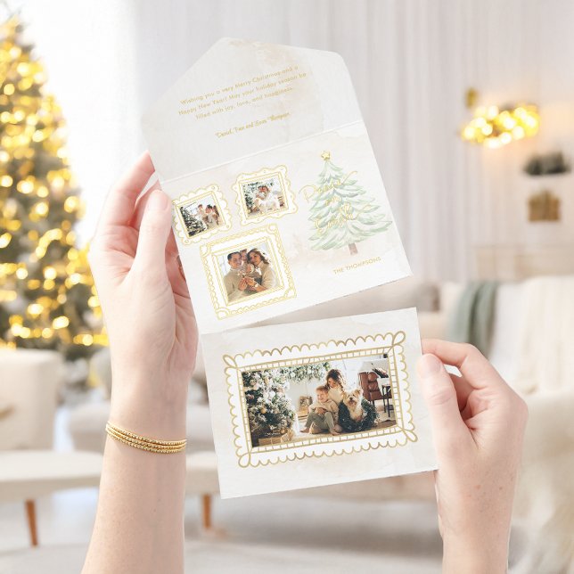 Spaß Gold Doodle Frame Weltfrieden 3-Foto All-in-One-Einladung (Von Creator hochgeladen)