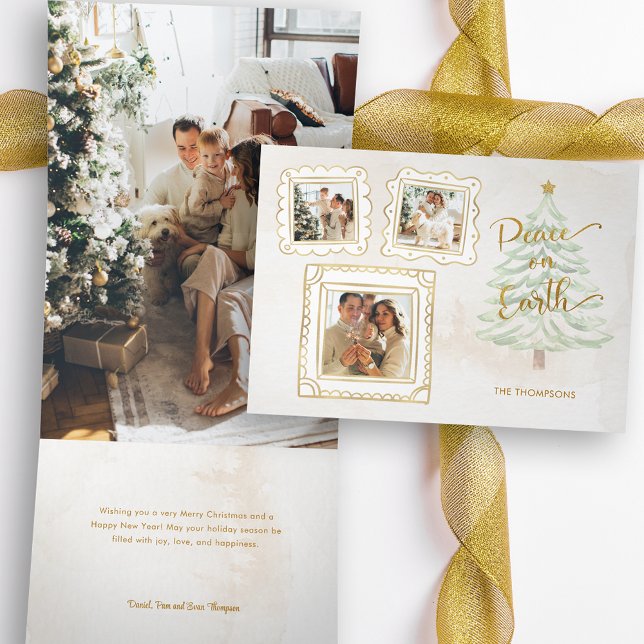 Spaß Gold Doodle Frame Weltfrieden 3-Foto Dreifach Gefaltete Urlaubskarte (Von Creator hochgeladen)