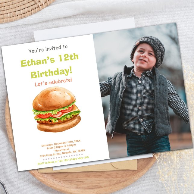 Spaß GRILLEN Cookout Party Thema für Kinder Einladung (Burger Birthday Invitations with photo)