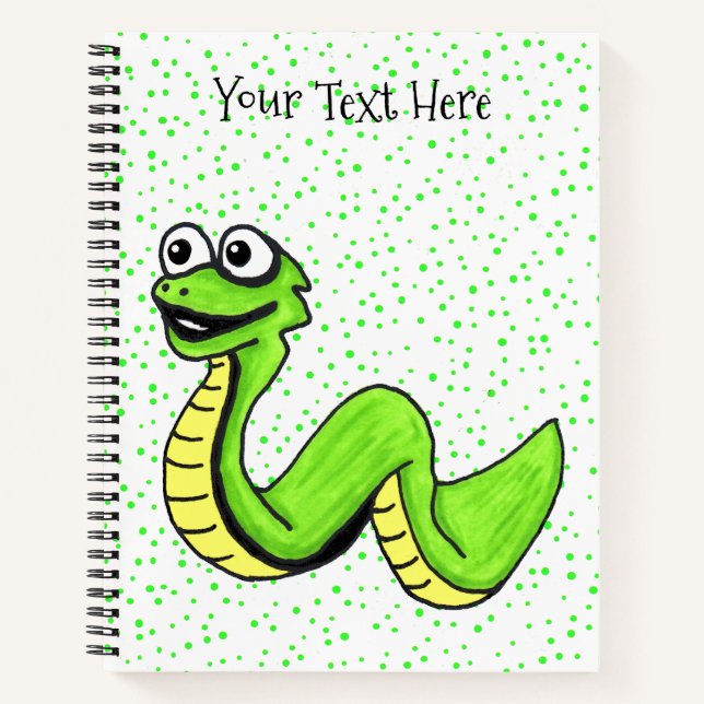 Spaß Happy Hell Green Yellow Snake auf Polka Docks Notizbuch (Vorderseite)