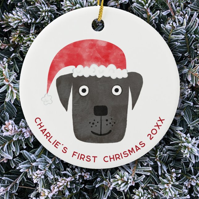 Spaß Hund Erste Weihnachten Personalisiert Keramik Ornament (Fun Black Labrador Retriever Dog personalized name first christmas date ceramic ornament)