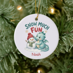 Spaß im Schnee, Baby-Drache und Schneemann Keramik Ornament