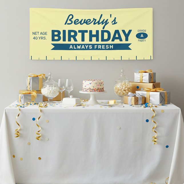 Spaß immer frischer Butterstange Geburtstagsfeier Banner (Fun stick of Butter Birthday party banner with custom name, year, and slogan)