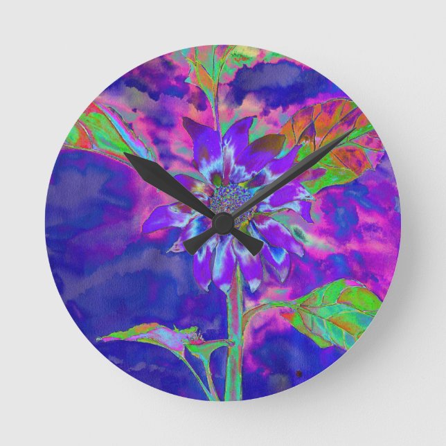 Spaß in der Sonnenblume | psychedelisch lila Runde Wanduhr (Vorderseite)
