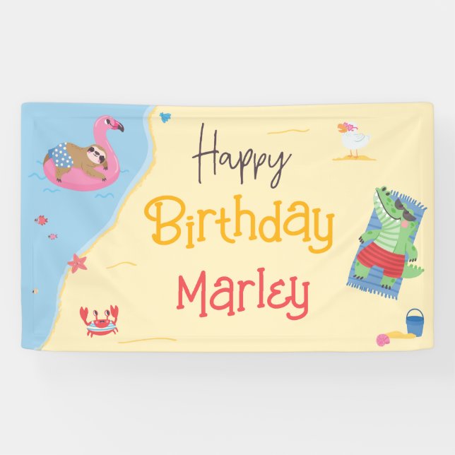 Spaß in Sun Beach Animals Happy Birthday Banner (Horizontal)