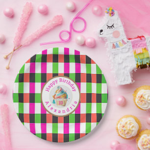 Spaß Kariert rosa und grün Cupcake Pappteller