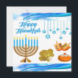 Spaß Kids Chanukah Karten Münzen dreidels menorah<br><div class="desc">Dies ist eine niedliche Chanukah-Karte für Kinder mit einer Menorah,  Goldmünzen und dreiköpfigen mit fröhlichen Farben auf Weiß. Die Rückseite der Karte ist hübsch weich blau.</div>