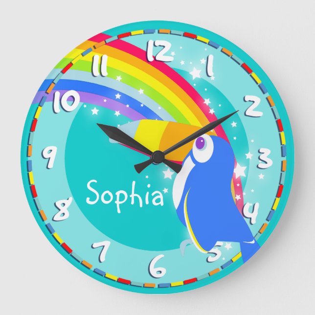 Spaß Kinder Regenbogen Toucan nennen Aqua Wanduhr (Vorderseite)