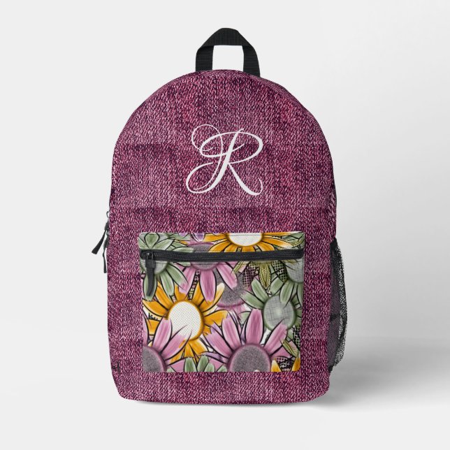 Spaß klassische Script Denim Blume Teen Girls Bedruckter Rucksack (Vorderseite)