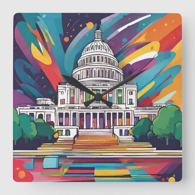Spaß lebendig Funky Washington DC Wall Clock! Quadratische Wanduhr (Vorderseite)