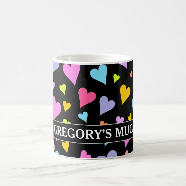 Spaß, Liebe, farbenfrohe Herzmuster + Individuelle Kaffeetasse (Mittel)