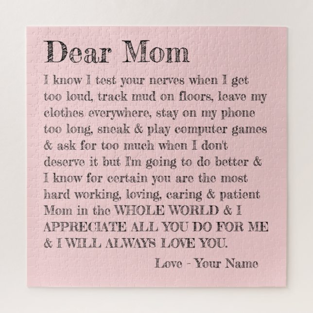 Spaß Liebe Mama Typografie Rosa Grau Personalisier Puzzle (Vertikal)