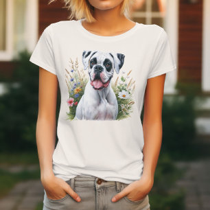 Spaß liebt White Boxer Hund mitten in den Blume T-Shirt