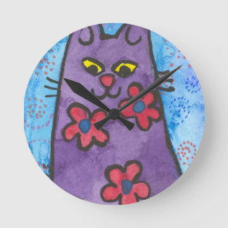 Spaß-lila geblühte Katze Runde Wanduhr
