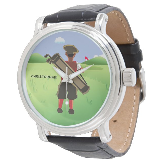 Spaß Personalisiert Golfer auf Golfplatz Armbanduhr (Schrägansicht)