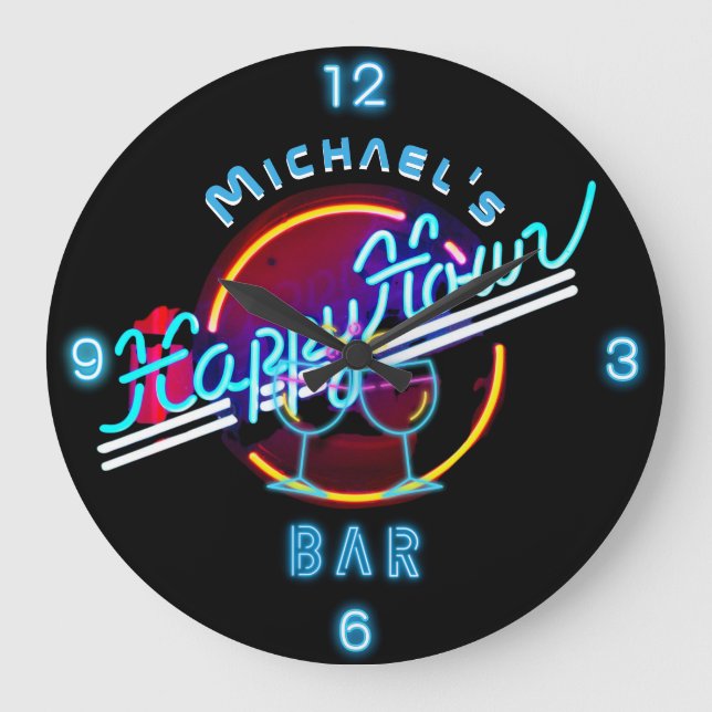 Spaß Personalisiert Mancave Bar Den Happy Hour Große Wanduhr (Vorderseite)