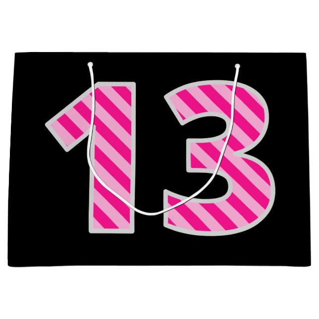 Spaß rosa Streifen "13"; Glücklicher 13. Geburtsta Große Geschenktüte (Vorderseite)
