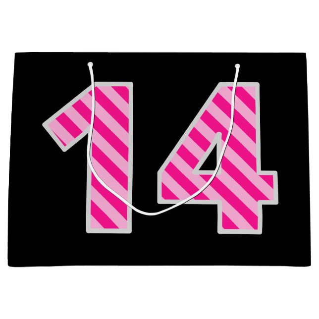 Spaß rosa Streifen "14"; Glücklicher 14. Geburtsta Große Geschenktüte (Vorderseite)