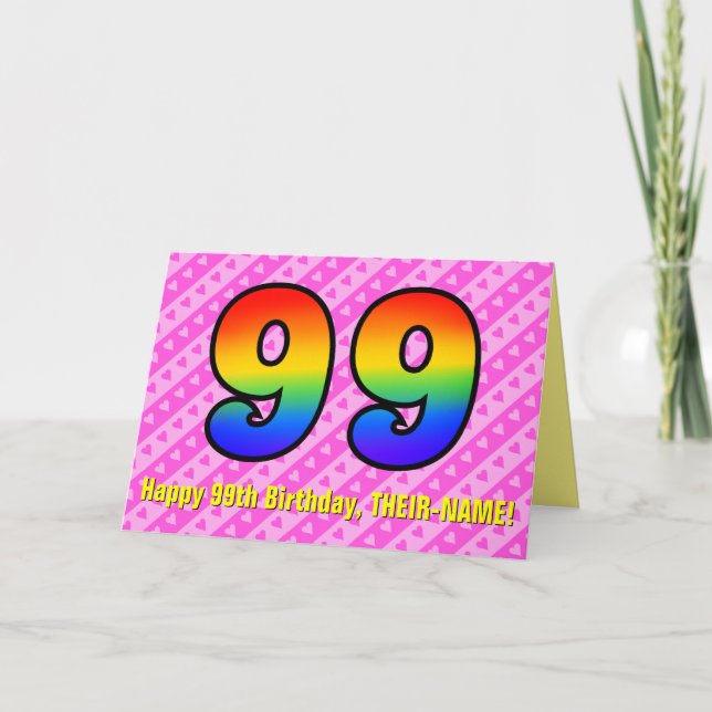 Spaß Rosa Streifen, Herz, Regenbogen # 99. Geburts Karte (Vorderseite)