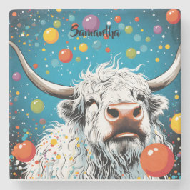 Spaß schottische Highland Kuh mit Blasen. bearbeit Steinuntersetzer