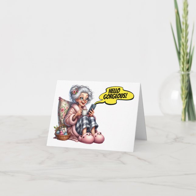 Spaß Senior mit Kaffee und Handy (Vorderseite)