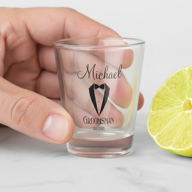 Spaß Smoking & Bogen Trauzeuge personalisiert Schnapsglas (Von Creator hochgeladen)
